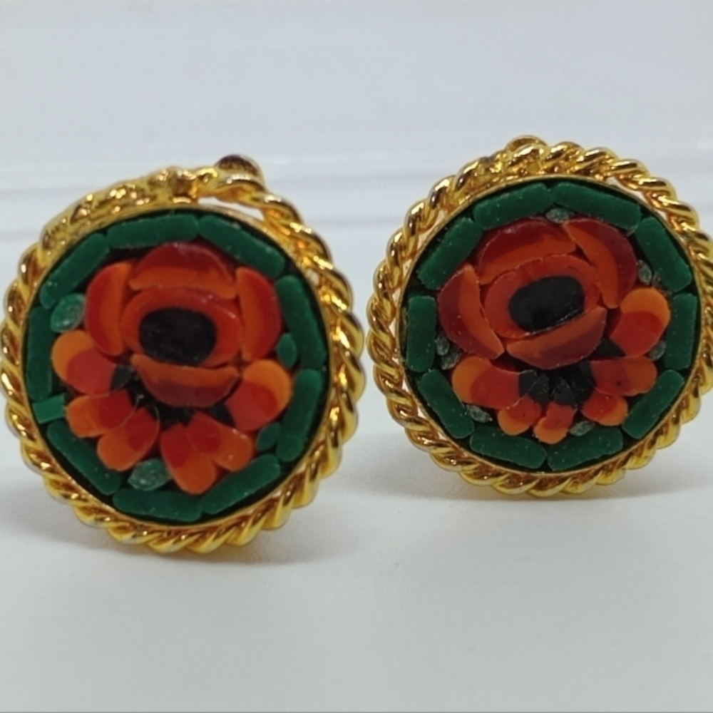 * vintage micro mosaic flower gold tone clip on earrings
